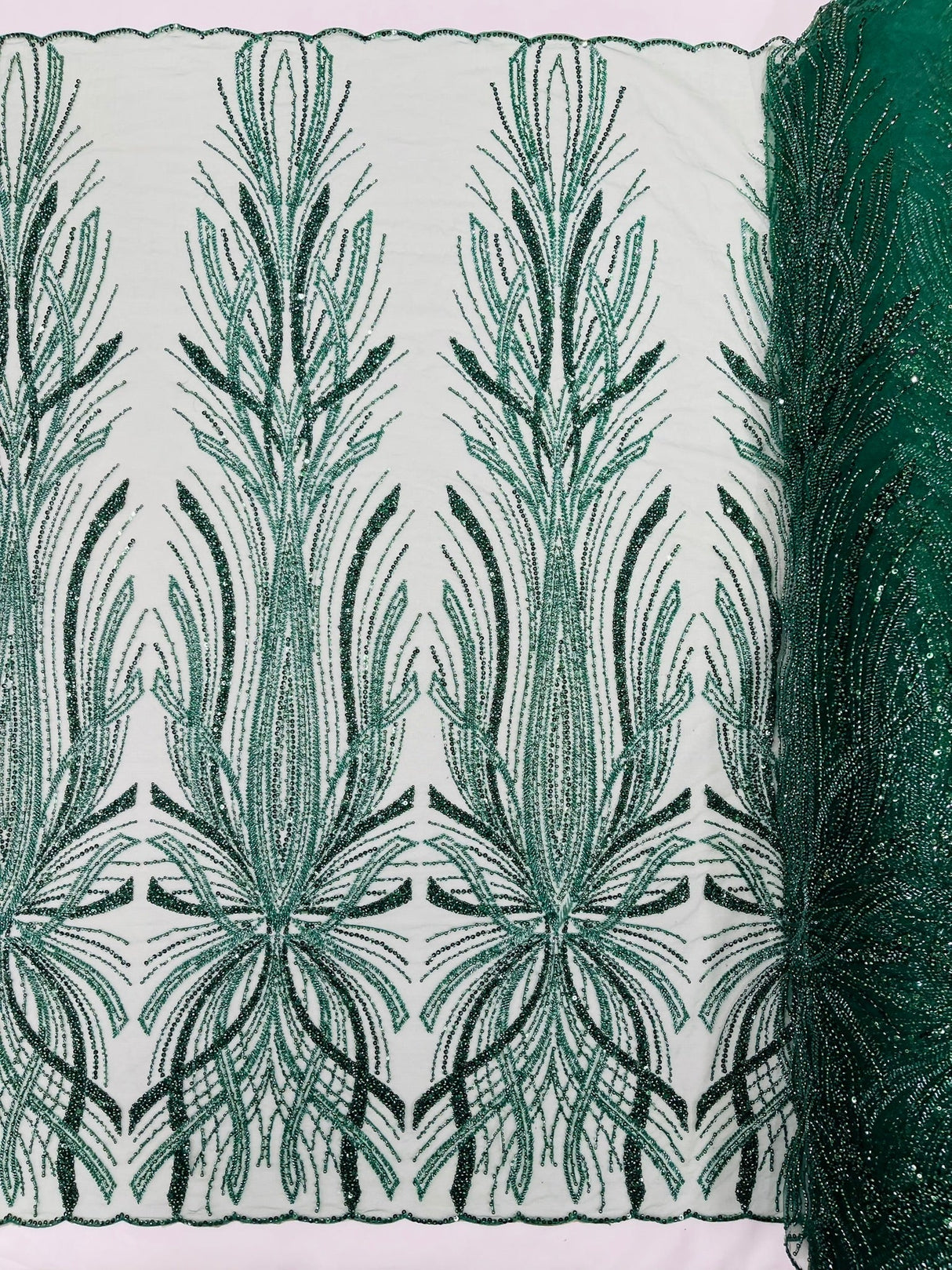 Palm Beaded Damask Design Beaded Lace Fabric - Damask Pattern With Palm Motifs, Beaded Embellishment, Sold By The Yard (1 Yard)