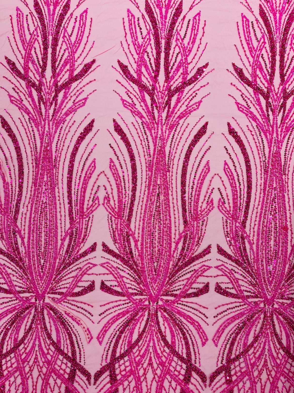 Palm Beaded Damask Design Beaded Lace Fabric - Damask Pattern With Palm Motifs, Beaded Embellishment, Sold By The Yard (1 Yard)