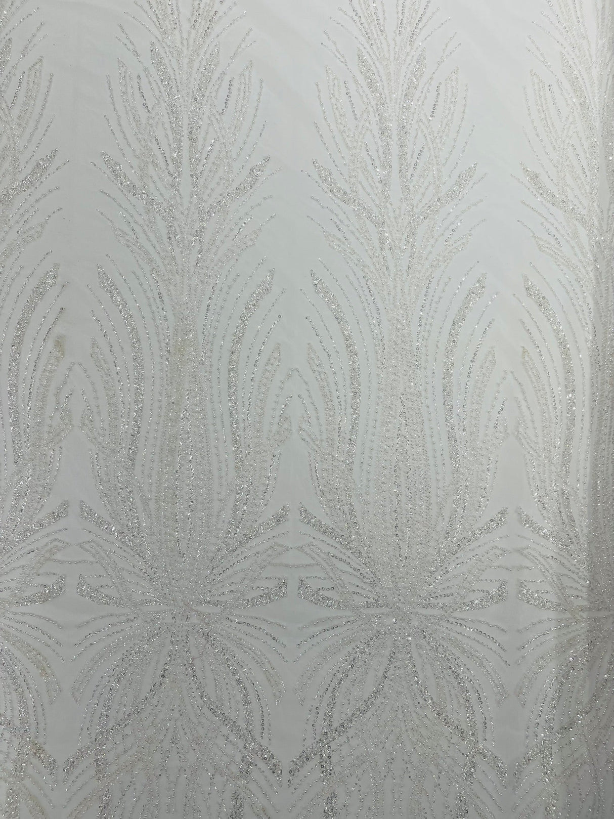 Palm Beaded Damask Design Beaded Lace Fabric - Damask Pattern With Palm Motifs, Beaded Embellishment, Sold By The Yard (1 Yard)