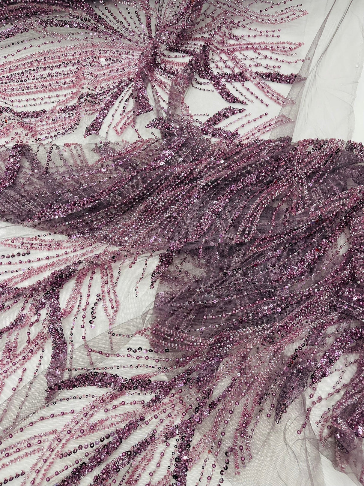 Palm Beaded Damask Design Beaded Lace Fabric - Damask Pattern With Palm Motifs, Beaded Embellishment, Sold By The Yard (1 Yard)