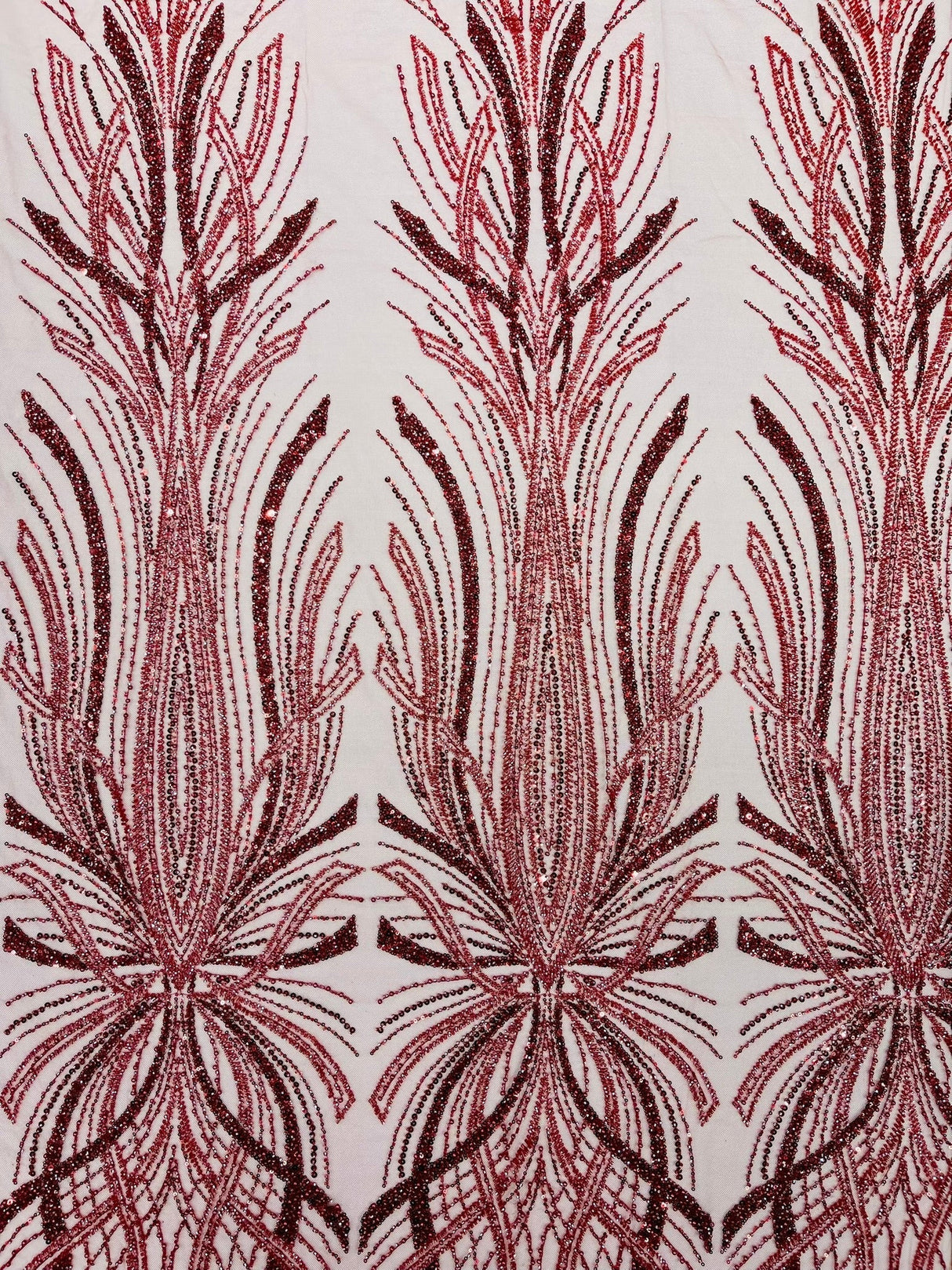 Palm Beaded Damask Design Beaded Lace Fabric - Damask Pattern With Palm Motifs, Beaded Embellishment, Sold By The Yard (1 Yard)
