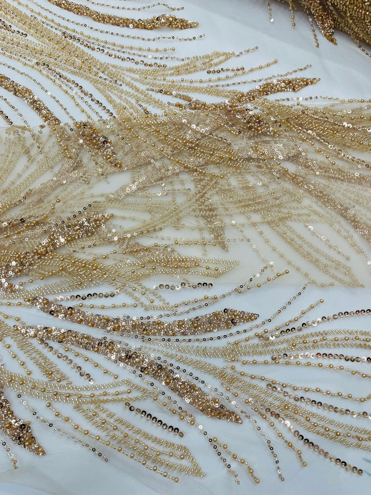 Palm Beaded Damask Design Beaded Lace Fabric - Damask Pattern With Palm Motifs, Beaded Embellishment, Sold By The Yard (1 Yard)