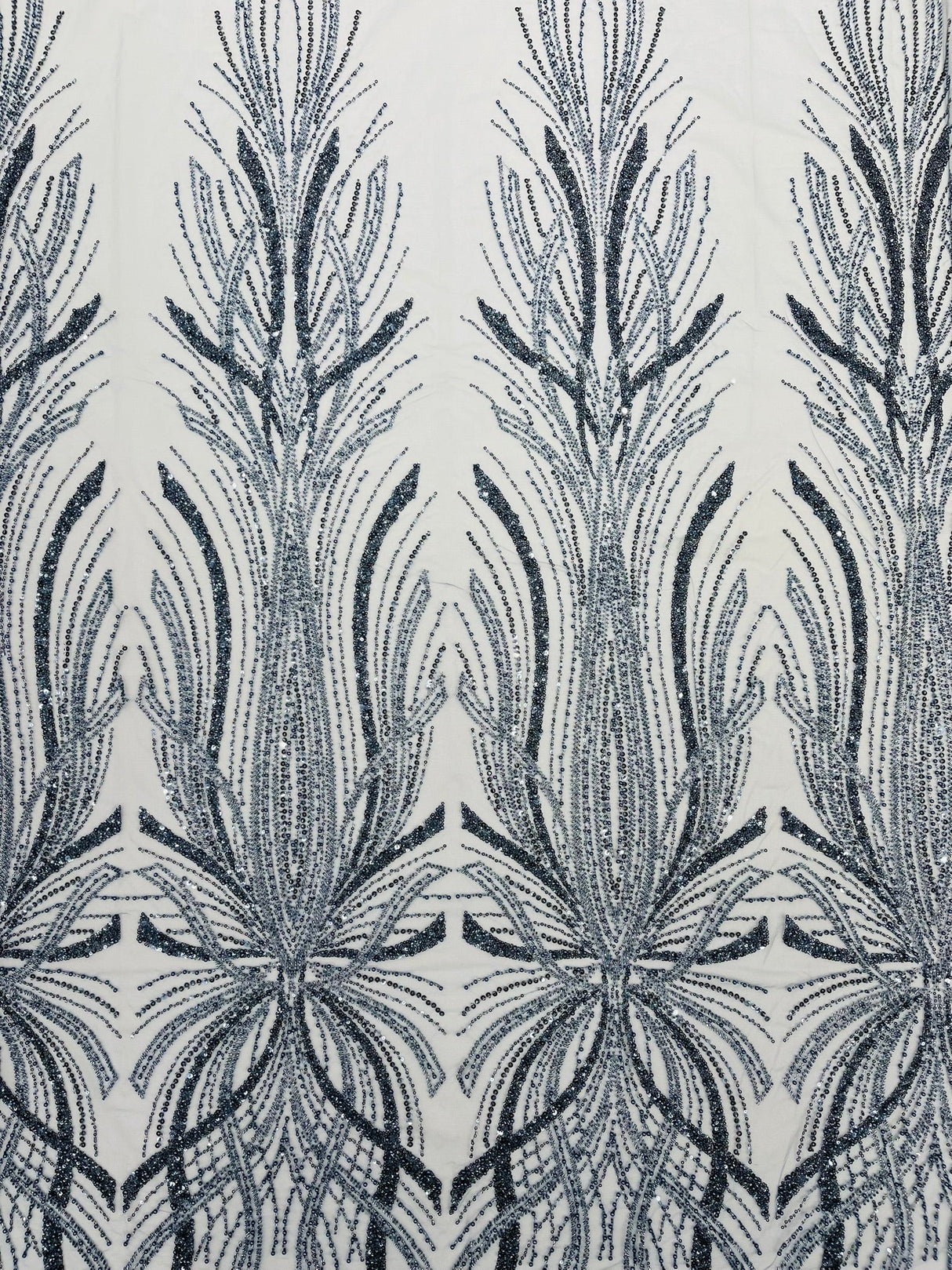 Palm Beaded Damask Design Beaded Lace Fabric - Damask Pattern With Palm Motifs, Beaded Embellishment, Sold By The Yard (1 Yard)