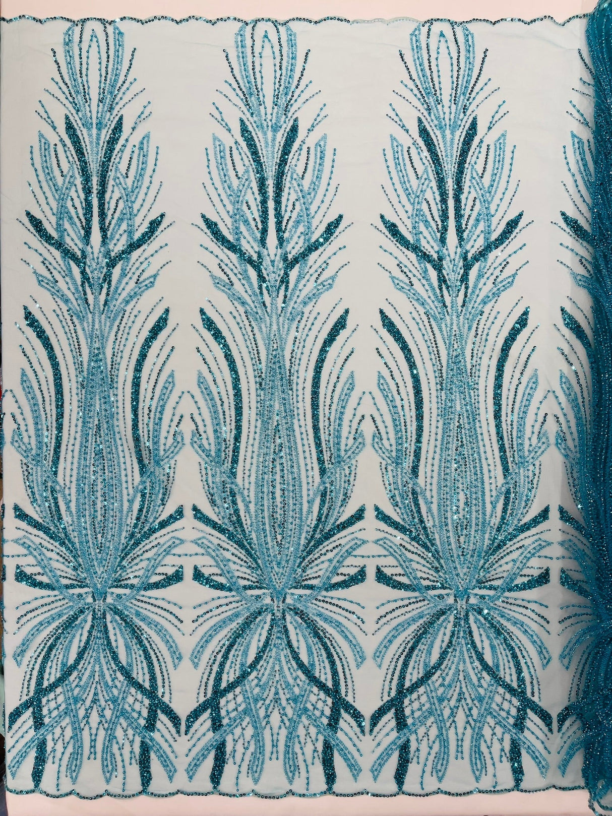 Palm Beaded Damask Design Beaded Lace Fabric - Damask Pattern With Palm Motifs, Beaded Embellishment, Sold By The Yard (1 Yard)
