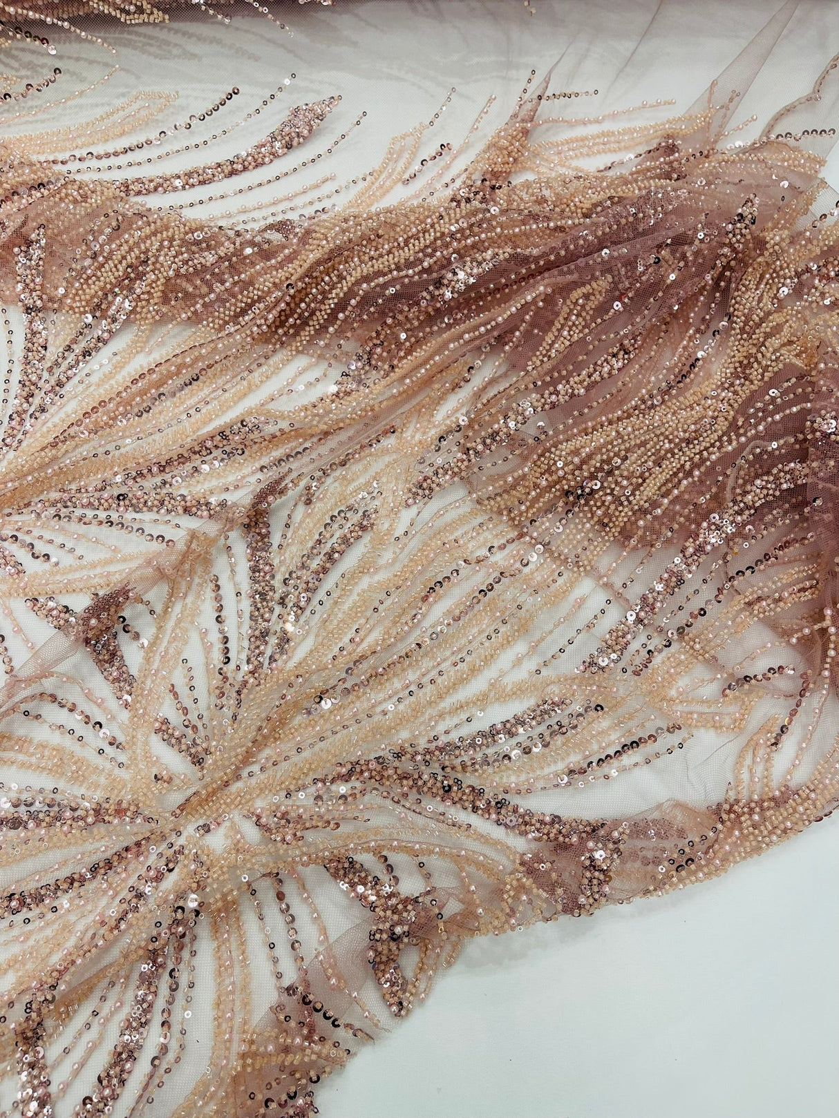 Palm Beaded Damask Design Beaded Lace Fabric - Damask Pattern With Palm Motifs, Beaded Embellishment, Sold By The Yard (1 Yard)