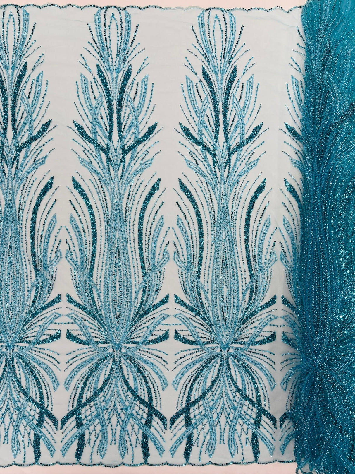 Palm Beaded Damask Design Beaded Lace Fabric - Damask Pattern With Palm Motifs, Beaded Embellishment, Sold By The Yard (1 Yard)