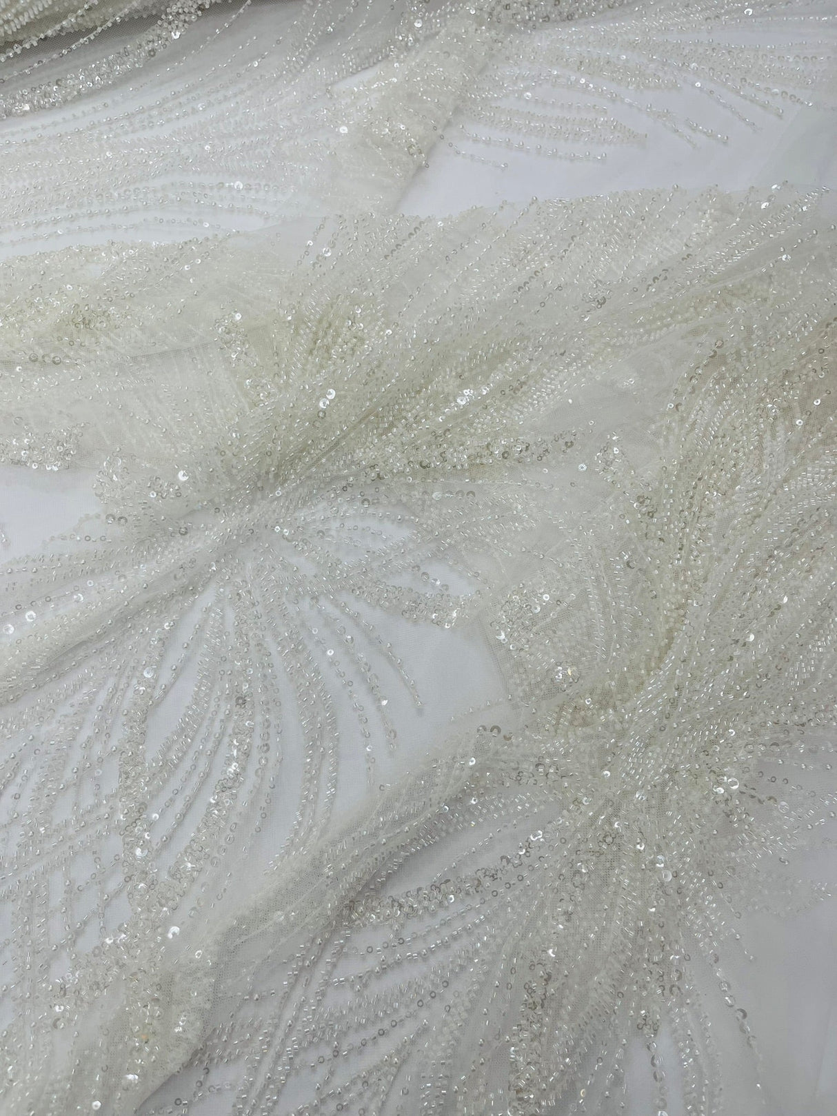 Palm Beaded Damask Design Beaded Lace Fabric - Damask Pattern With Palm Motifs, Beaded Embellishment, Sold By The Yard (1 Yard)