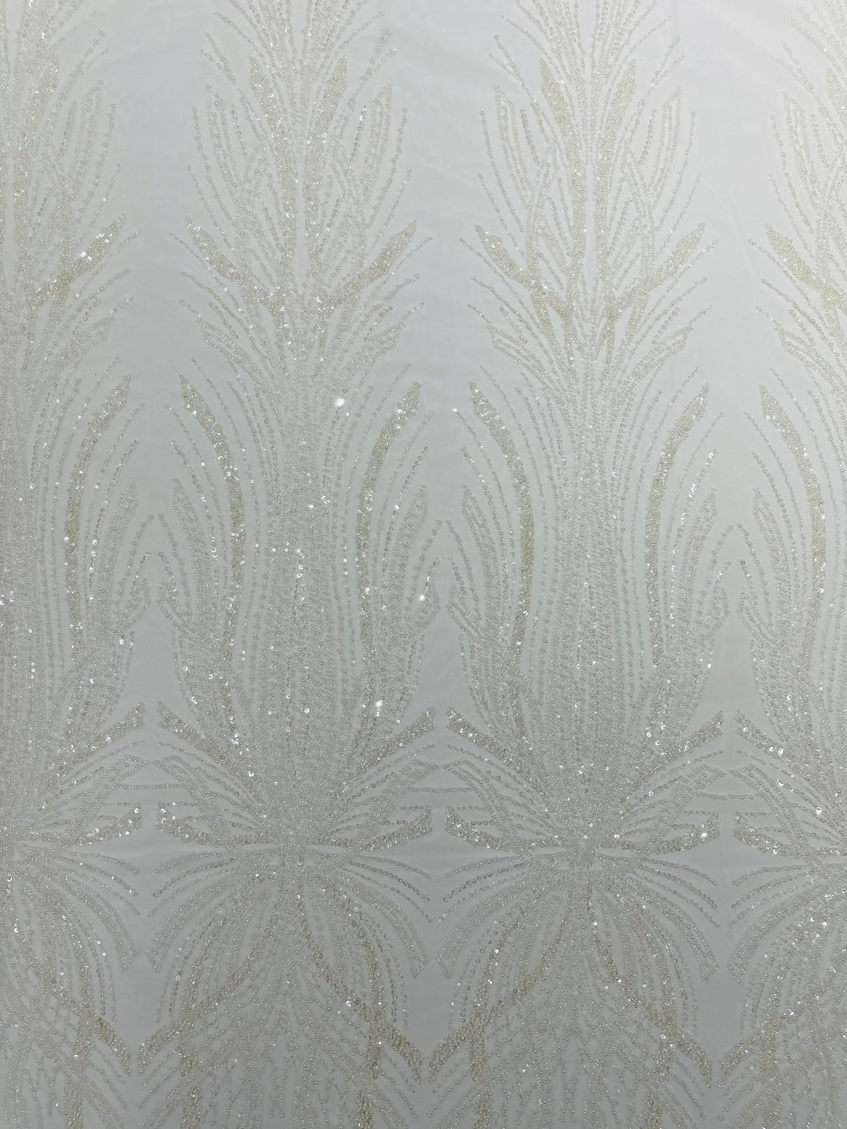 Palm Beaded Damask Design Beaded Lace Fabric - Damask Pattern With Palm Motifs, Beaded Embellishment, Sold By The Yard (1 Yard)