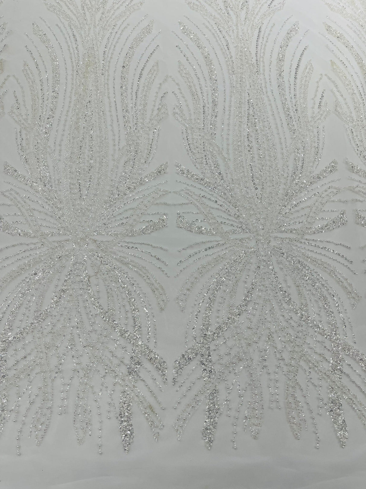 Palm Beaded Damask Design Beaded Lace Fabric - Damask Pattern With Palm Motifs, Beaded Embellishment, Sold By The Yard (1 Yard)