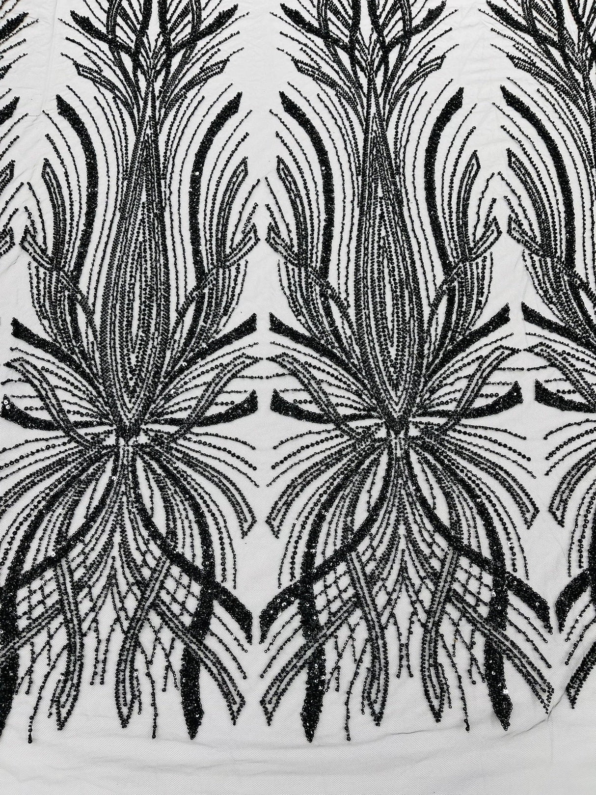 Palm Beaded Damask Design Beaded Lace Fabric - Damask Pattern With Palm Motifs, Beaded Embellishment, Sold By The Yard (1 Yard)