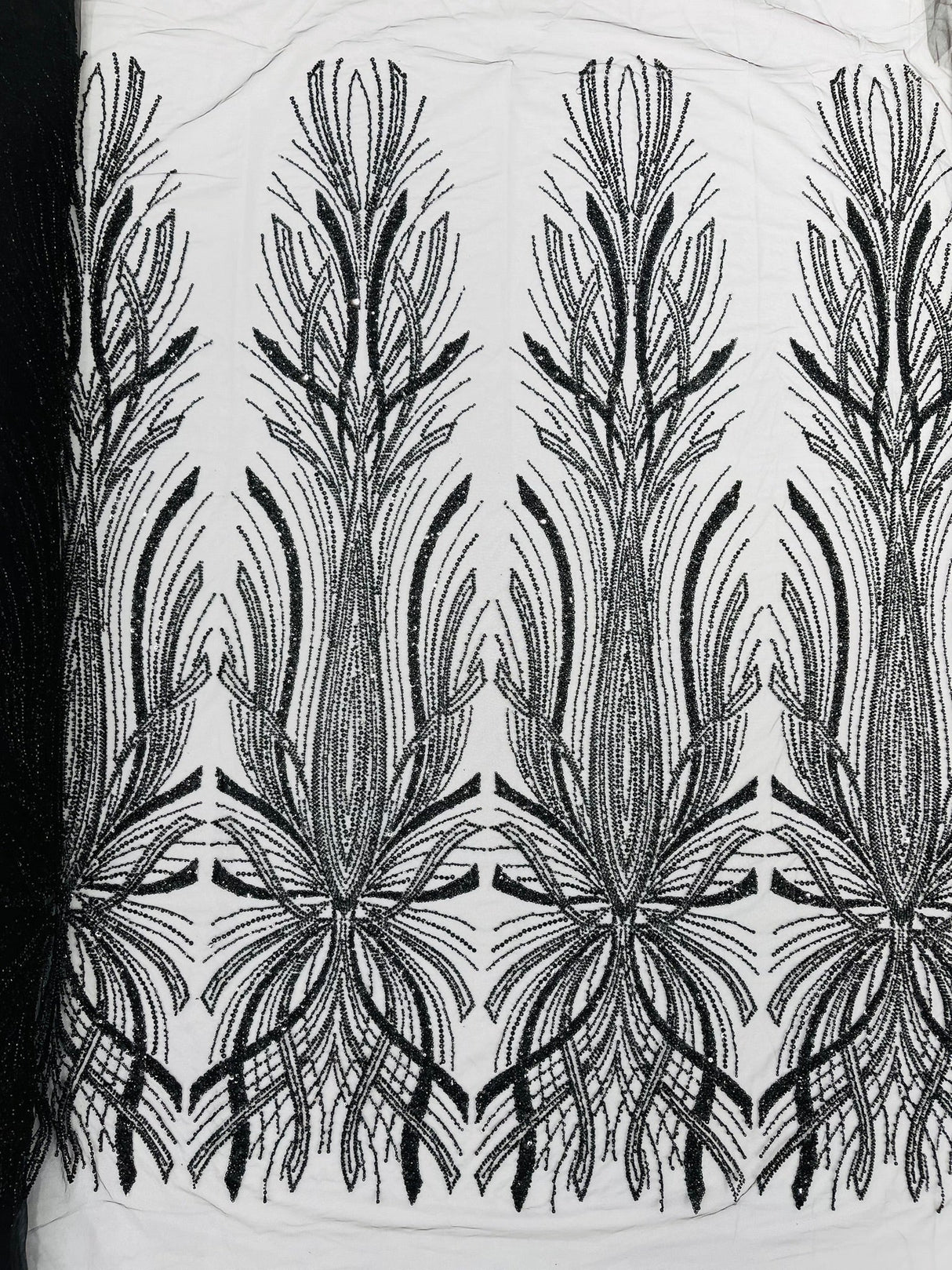 Palm Beaded Damask Design Beaded Lace Fabric - Damask Pattern With Palm Motifs, Beaded Embellishment, Sold By The Yard (1 Yard)