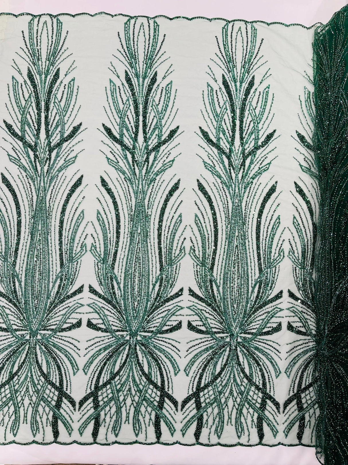 Palm Beaded Damask Design Beaded Lace Fabric - Damask Pattern With Palm Motifs, Beaded Embellishment, Sold By The Yard (1 Yard)