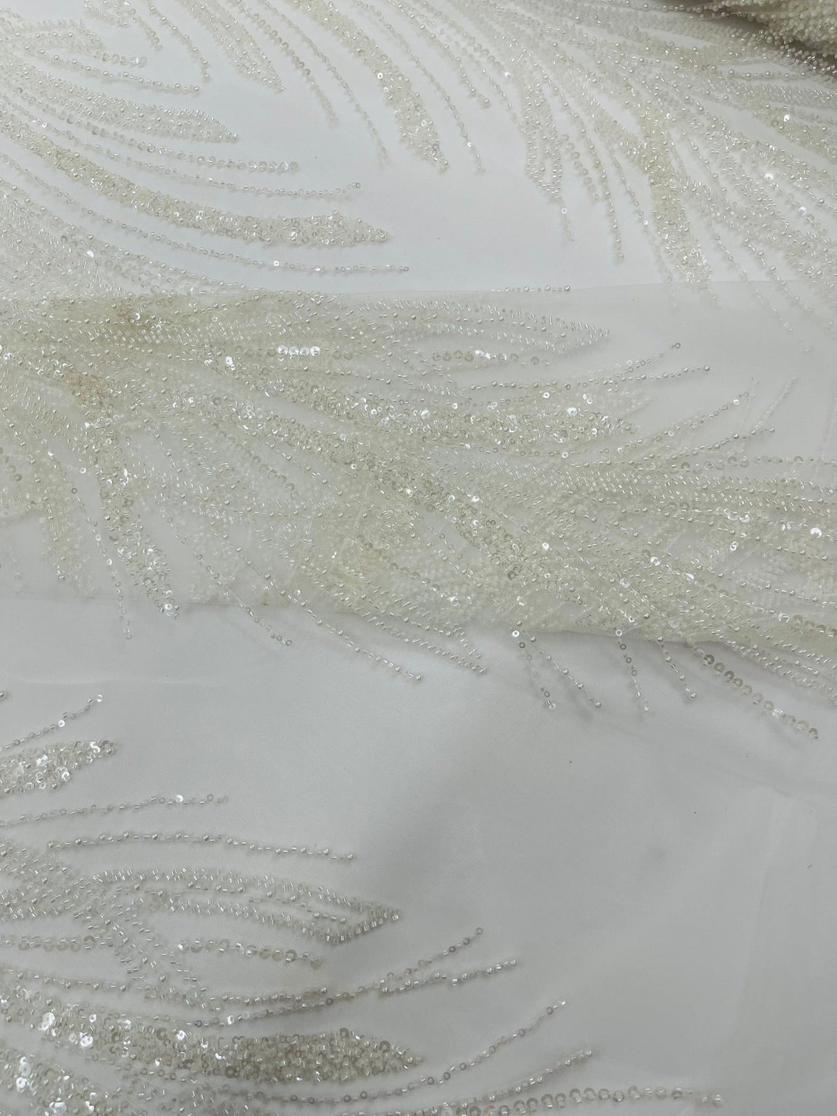Palm Beaded Damask Design Beaded Lace Fabric - Damask Pattern With Palm Motifs, Beaded Embellishment, Sold By The Yard (1 Yard)