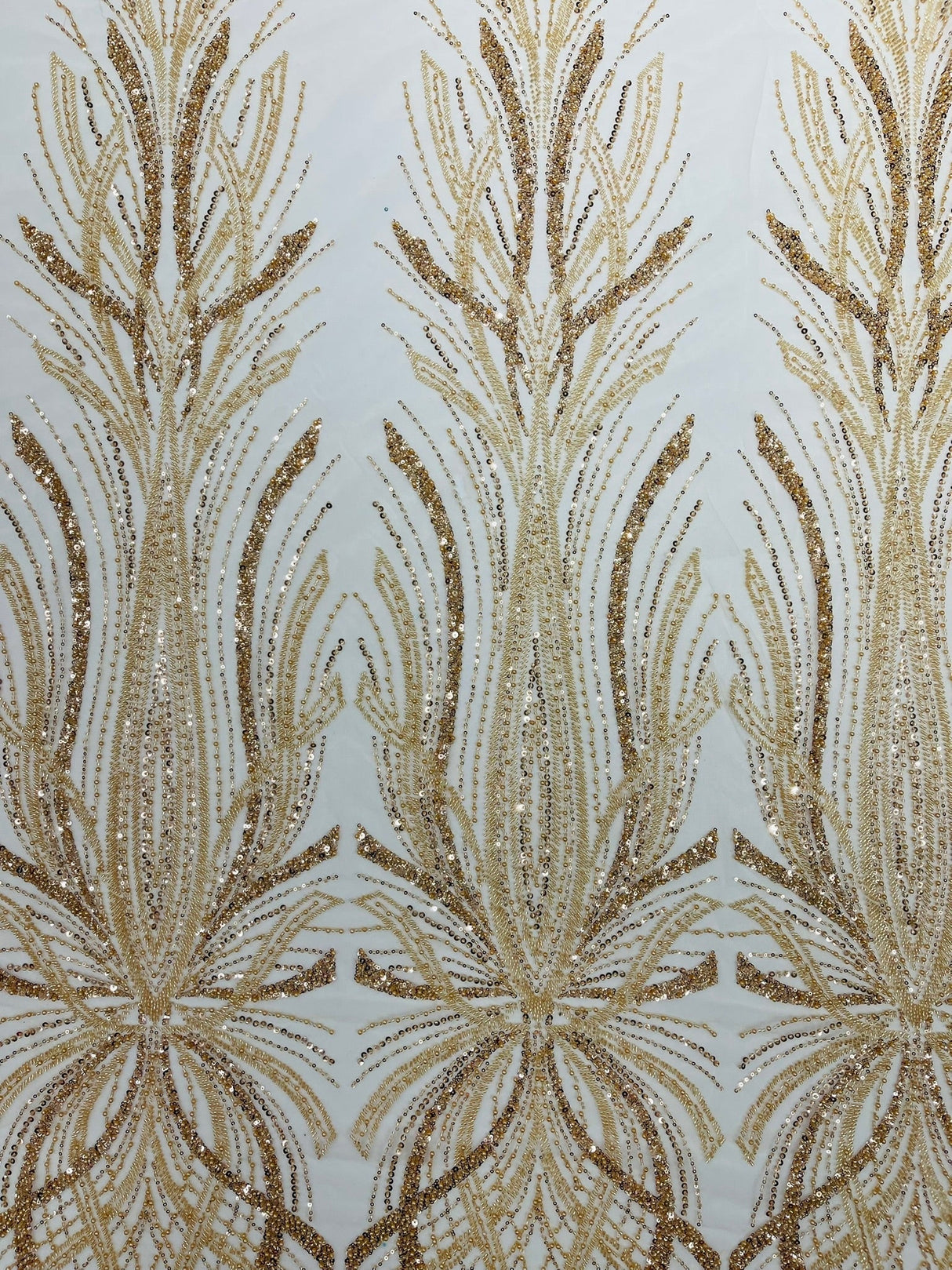 Palm Beaded Damask Design Beaded Lace Fabric - Damask Pattern With Palm Motifs, Beaded Embellishment, Sold By The Yard (1 Yard)