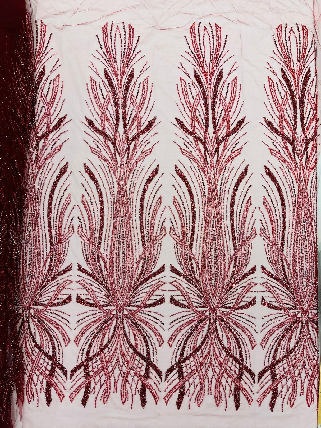 Palm Beaded Damask Design Beaded Lace Fabric - Damask Pattern With Palm Motifs, Beaded Embellishment, Sold By The Yard (1 Yard)