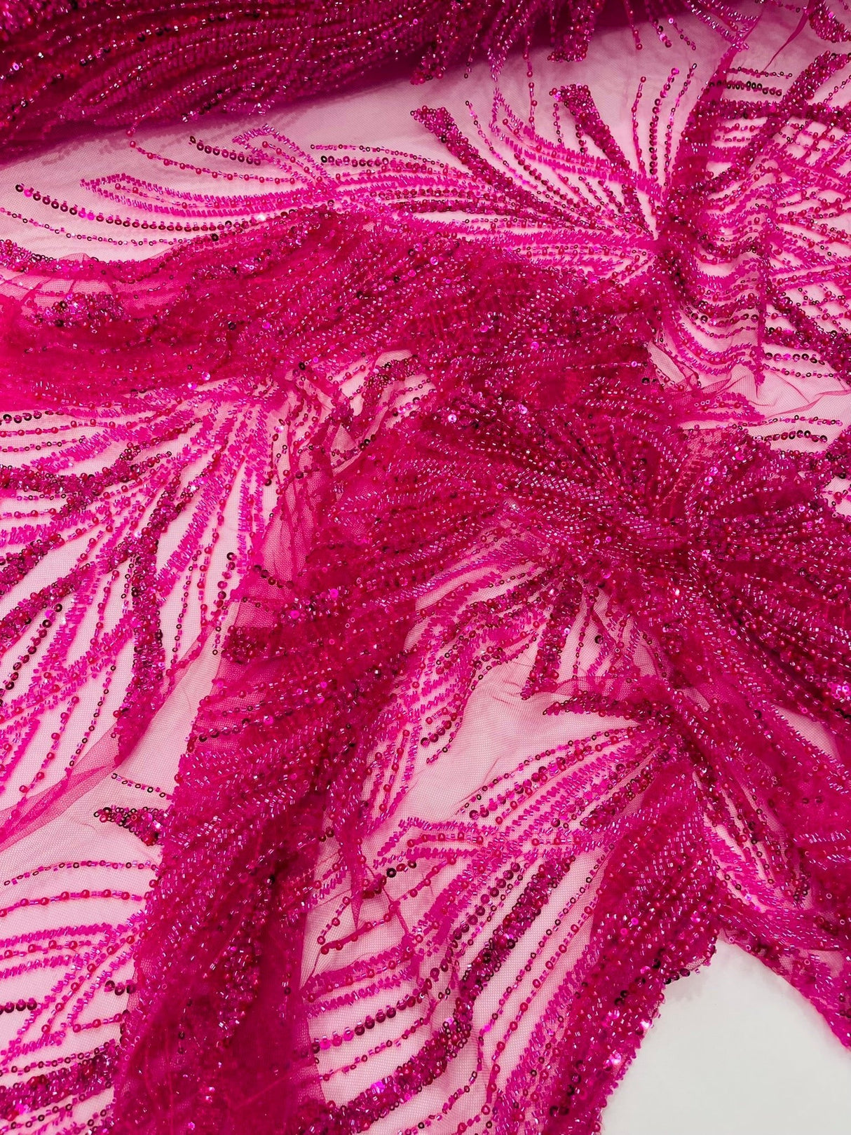 Palm Beaded Damask Design Beaded Lace Fabric - Damask Pattern With Palm Motifs, Beaded Embellishment, Sold By The Yard (1 Yard)