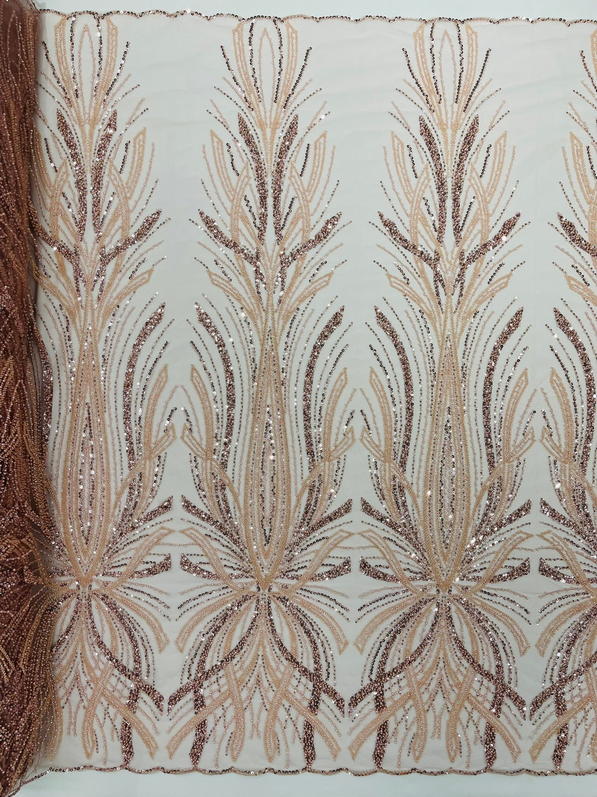 Palm Beaded Damask Design Beaded Lace Fabric - Damask Pattern With Palm Motifs, Beaded Embellishment, Sold By The Yard (1 Yard)