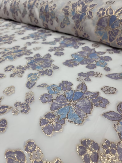 Brocade Floral Organza Fabric Lavender Blue