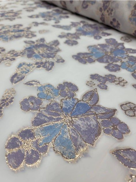 Brocade Floral Organza Fabric Lavender Blue