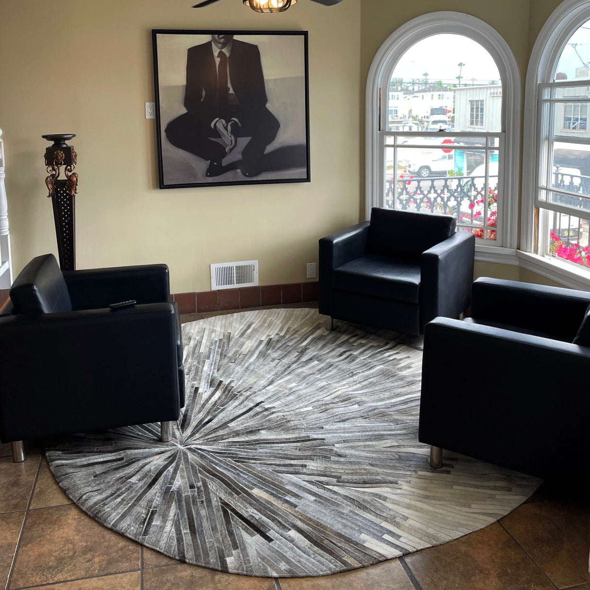 Leather Patchwork Cowhide Area Rug - Patchwork Cowhide Fabric, White/Brown, 5' X 7', 8' X 8' Round, 8' X 10', 9' X 12' (1 Unit)