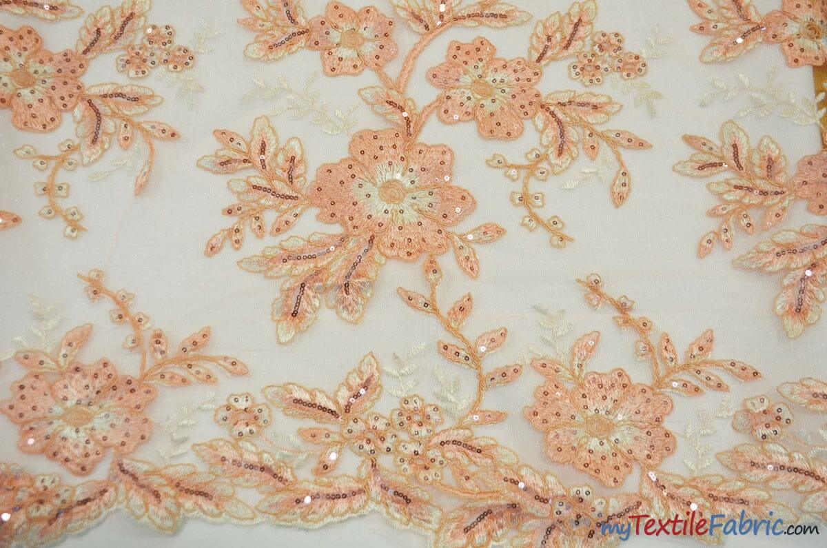 Edith Embroidery Fabric - Two Tone Floral Embroidery, Sheer Tulle, 52" Width, Multiple Colors (1 Yard)