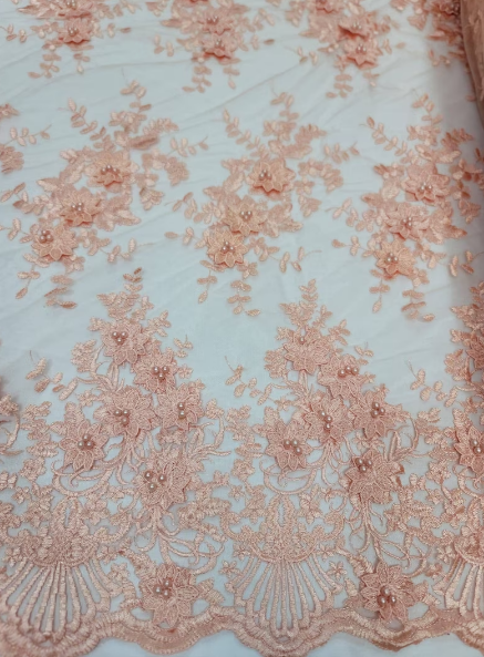 Beaded Lace 3D Floral Embroidered on Mesh Peach