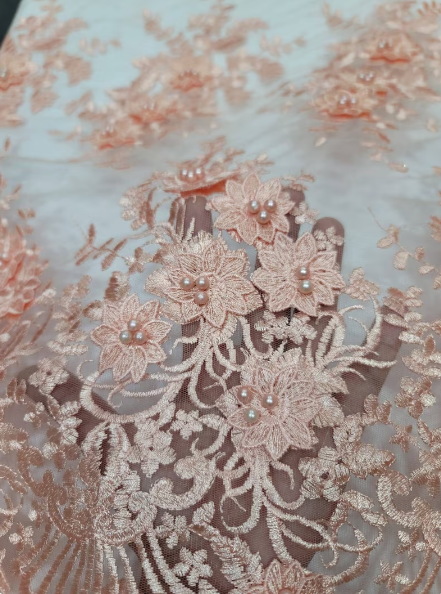 Beaded Lace 3D Floral Embroidered on Mesh Peach