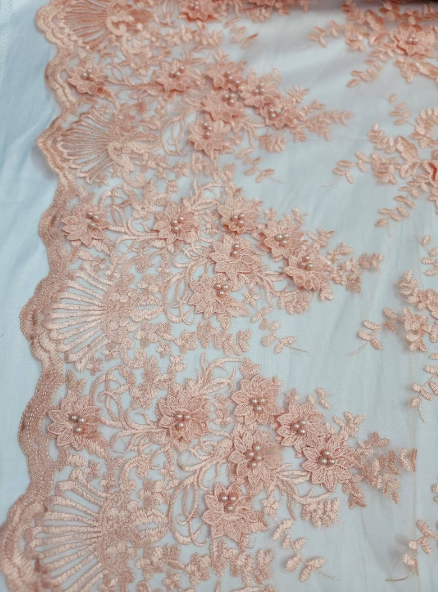Beaded Lace 3D Floral Embroidered on Mesh Peach