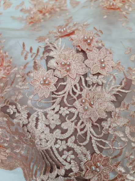 Beaded Lace 3D Floral Embroidered on Mesh Peach