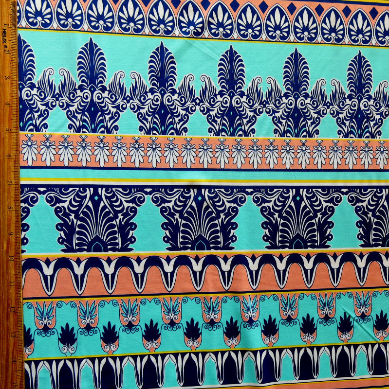 Nylon Spandex Swimsuit Fabric Mint Peach Navy Fleur de Lis Stripe