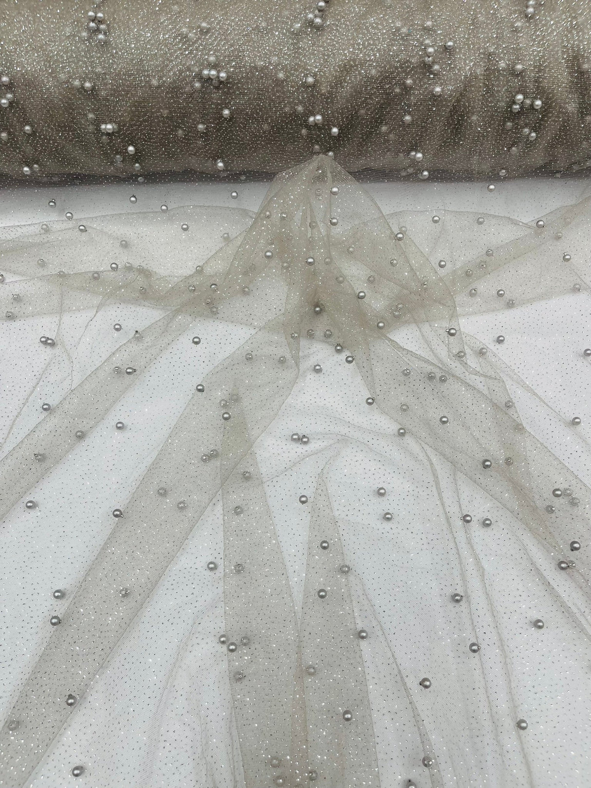 Pearl Glitter Studded Mesh Polyester Fabric - Pearl Studded Mesh, 58" Wide (1 Yard)