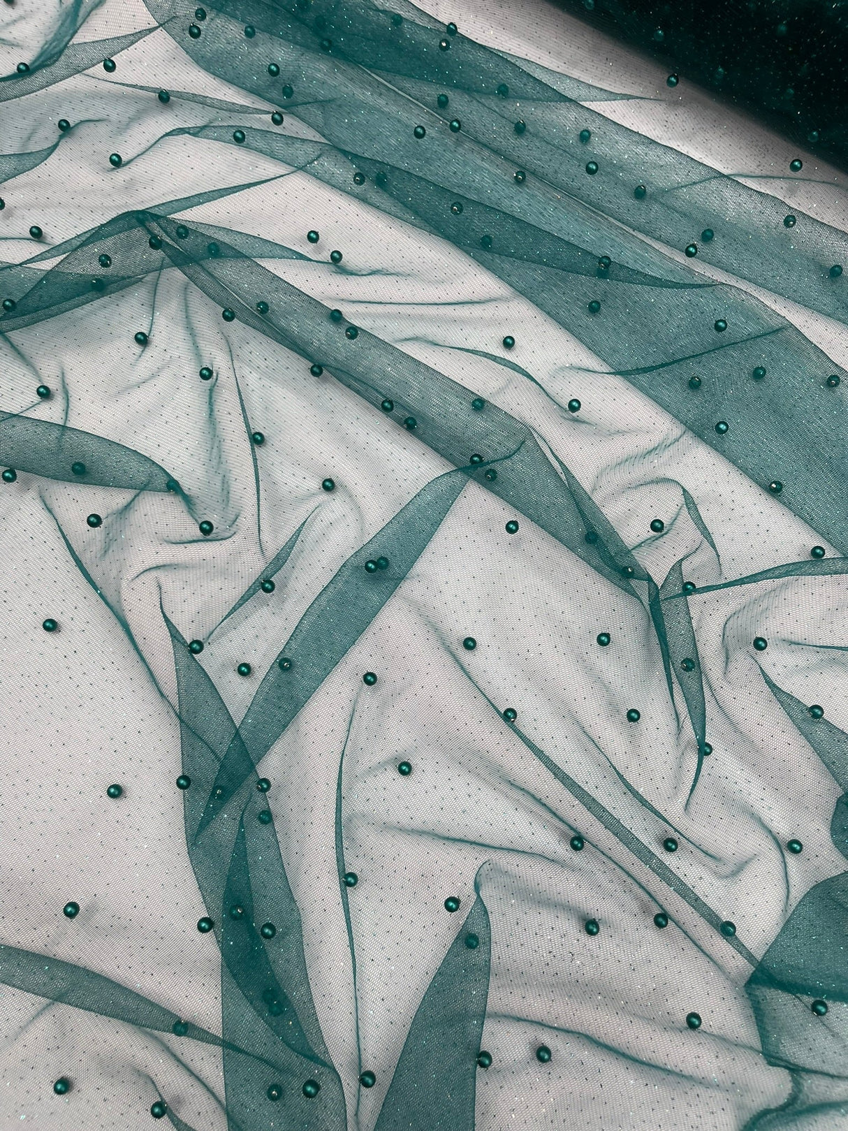 Pearl Glitter Studded Mesh Polyester Fabric - Pearl Studded Mesh, 58" Wide (1 Yard)