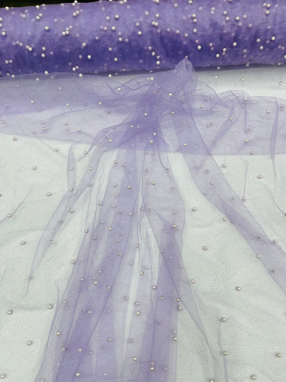 Pearl Glitter Studded Mesh Polyester Fabric - Pearl Studded Mesh, 58" Wide (1 Yard)