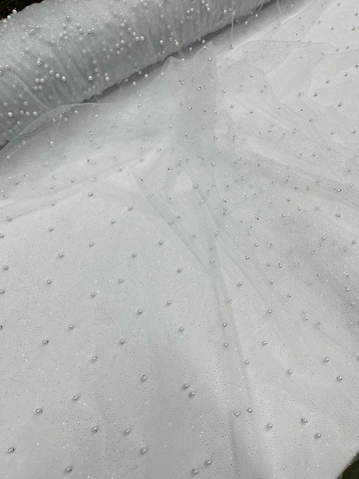 Pearl Glitter Studded Mesh Polyester Fabric - Pearl Studded Mesh, 58" Wide (1 Yard)