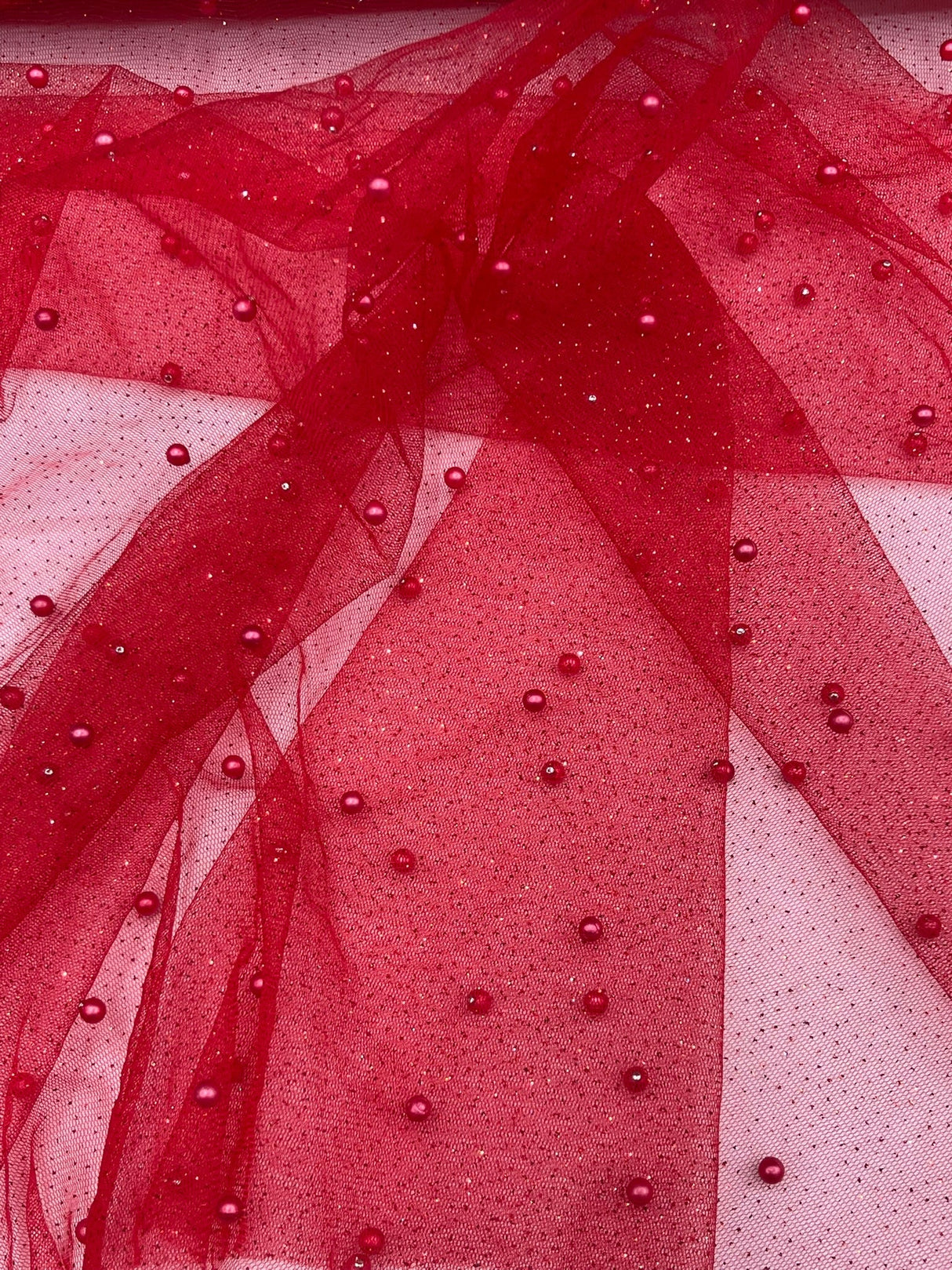 Pearl Glitter Studded Mesh Polyester Fabric - Pearl Studded Mesh, 58" Wide (1 Yard)