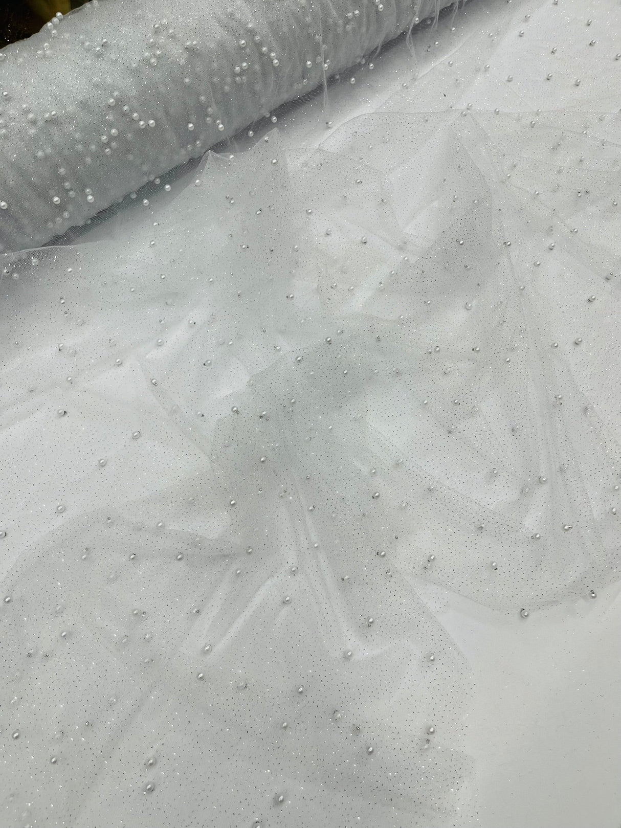 Pearl Glitter Studded Mesh Polyester Fabric - Pearl Studded Mesh, 58" Wide (1 Yard)