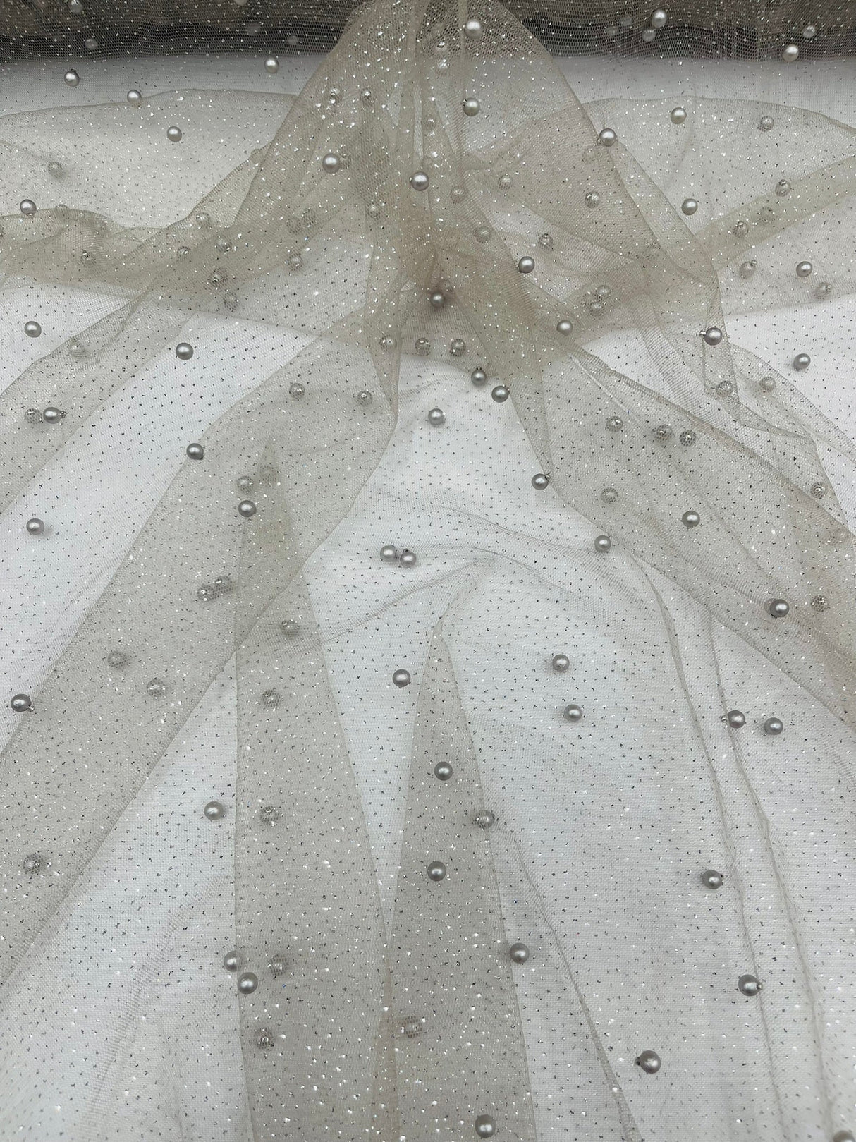 Pearl Glitter Studded Mesh Polyester Fabric - Pearl Studded Mesh, 58" Wide (1 Yard)