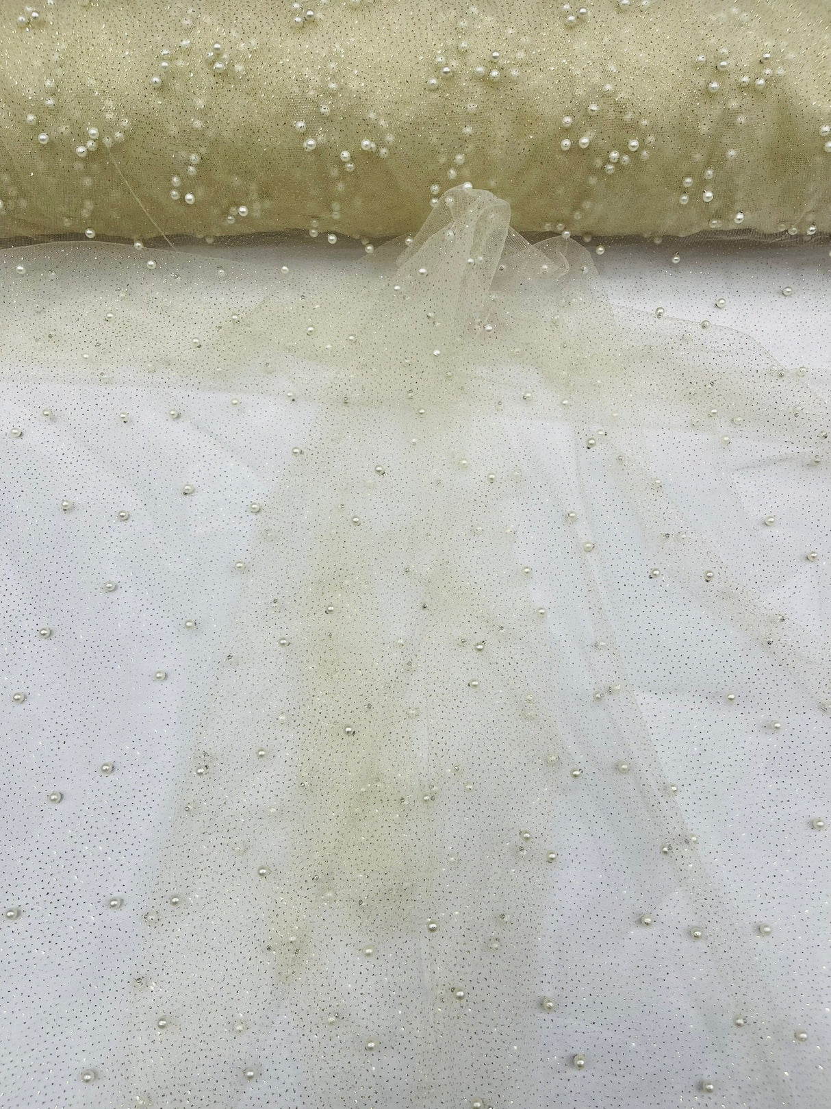 Pearl Glitter Studded Mesh Polyester Fabric - Pearl Studded Mesh, 58" Wide (1 Yard)