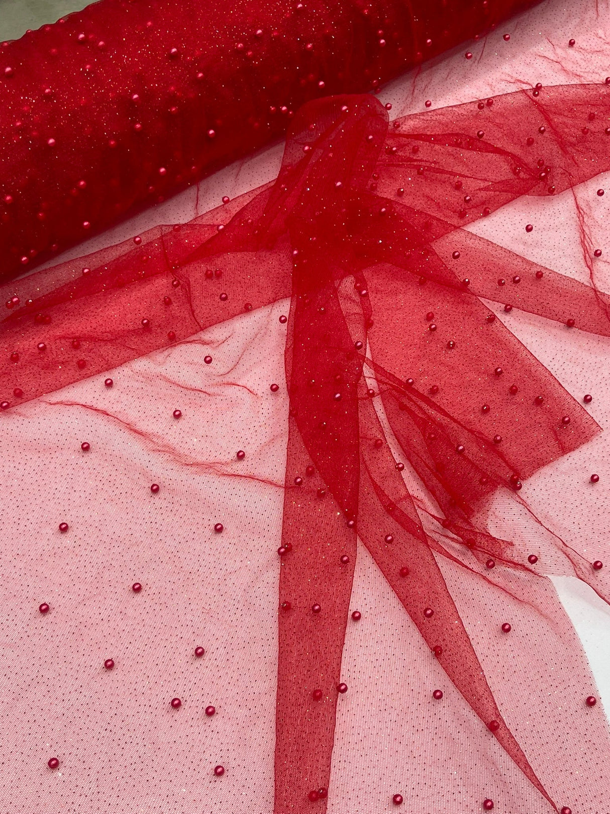 Pearl Glitter Studded Mesh Polyester Fabric - Pearl Studded Mesh, 58" Wide (1 Yard)