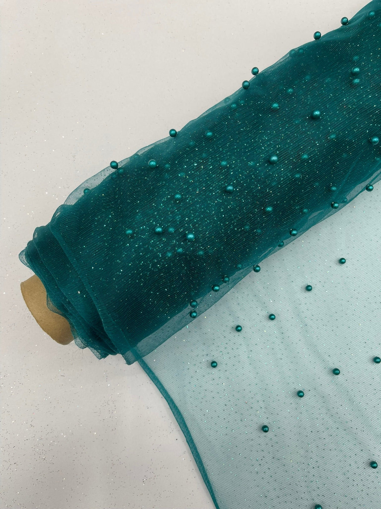 Pearl Glitter Studded Mesh Polyester Fabric - Pearl Studded Mesh, 58" Wide (1 Yard)
