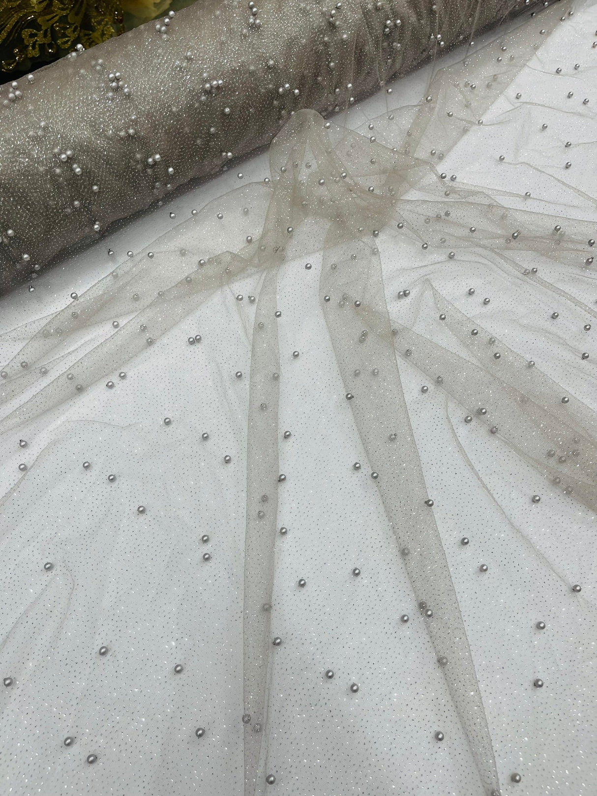 Pearl Glitter Studded Mesh Polyester Fabric - Pearl Studded Mesh, 58" Wide (1 Yard)