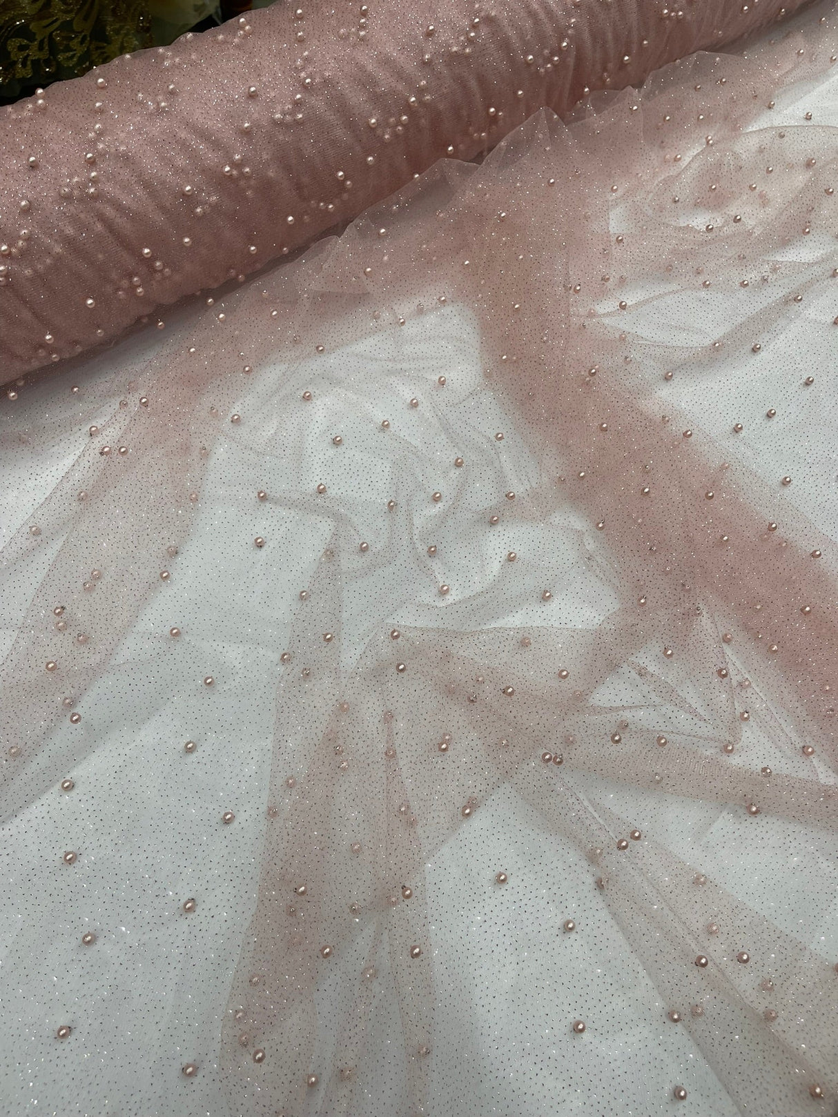 Pearl Glitter Studded Mesh Polyester Fabric - Pearl Studded Mesh, 58" Wide (1 Yard)