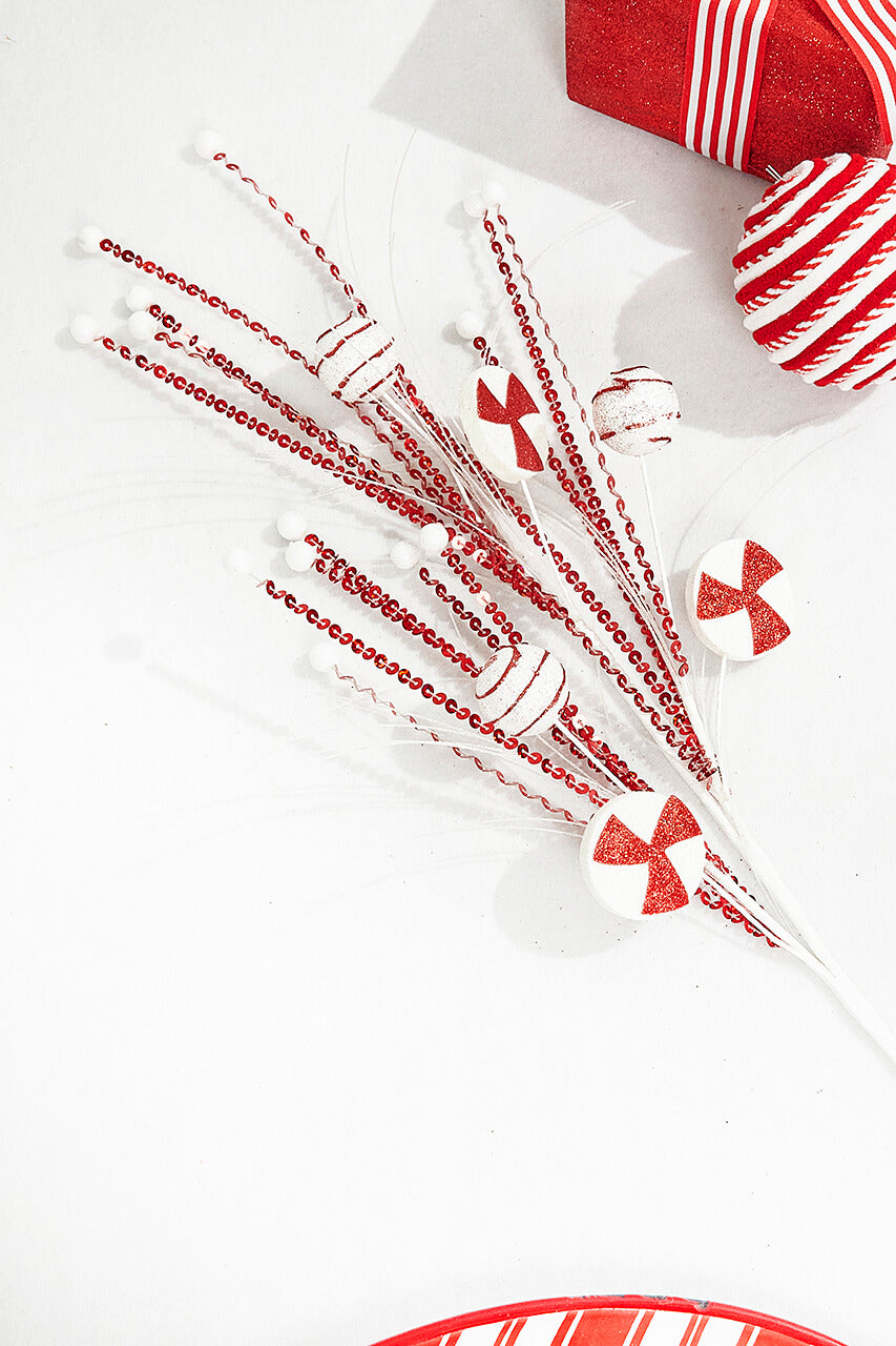 33" Red and White Glitter Peppermint Grass Spray