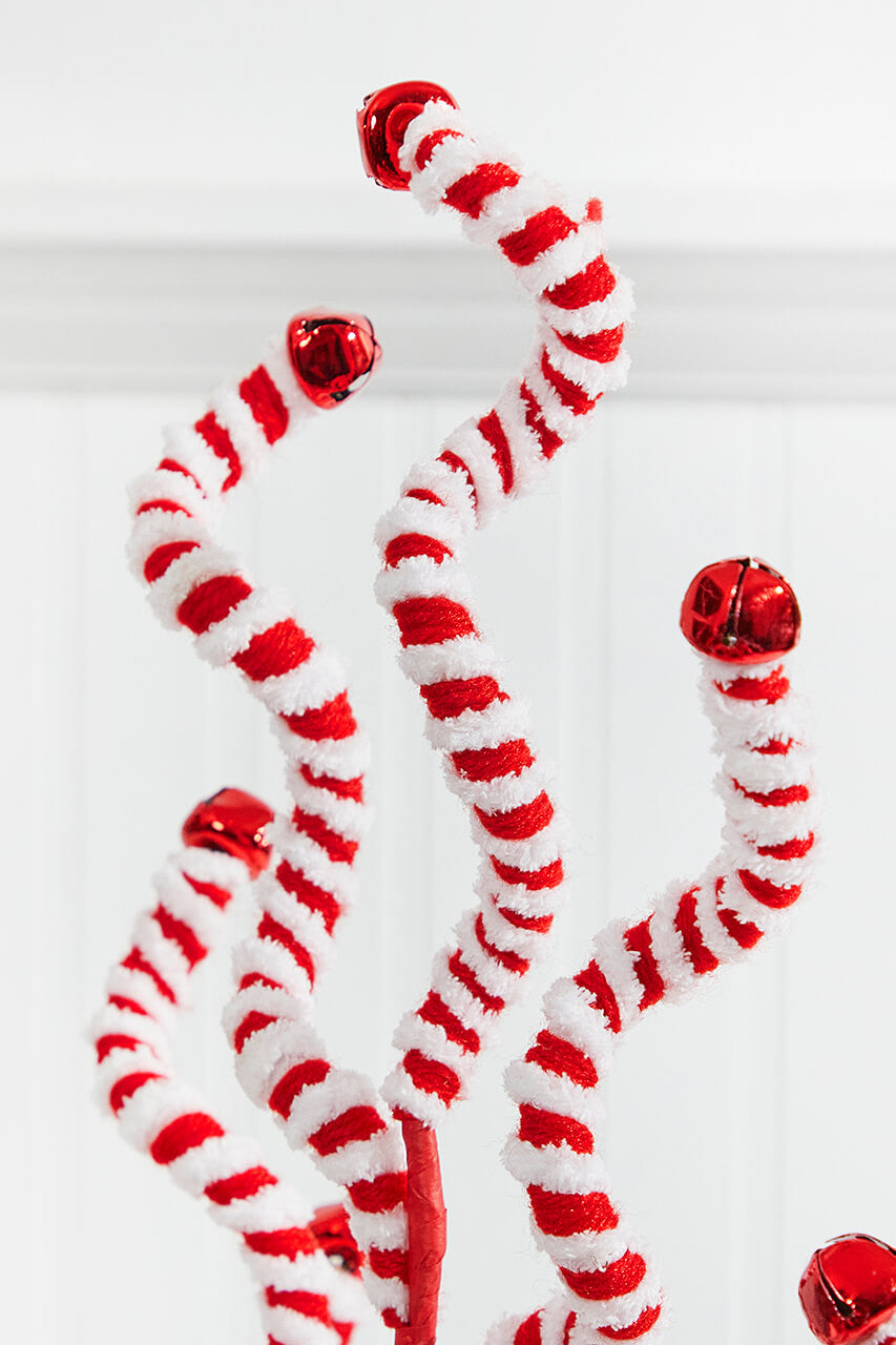 24 Inch Red and White Fabric Peppermint Stripe Jingle Bell Spray – Festive Holiday Cheer with Classic Candy Style