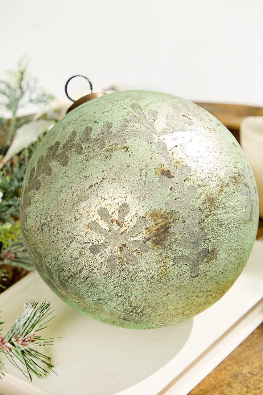 6" Spruce Antique Foil Glass Etched Ball Ornament