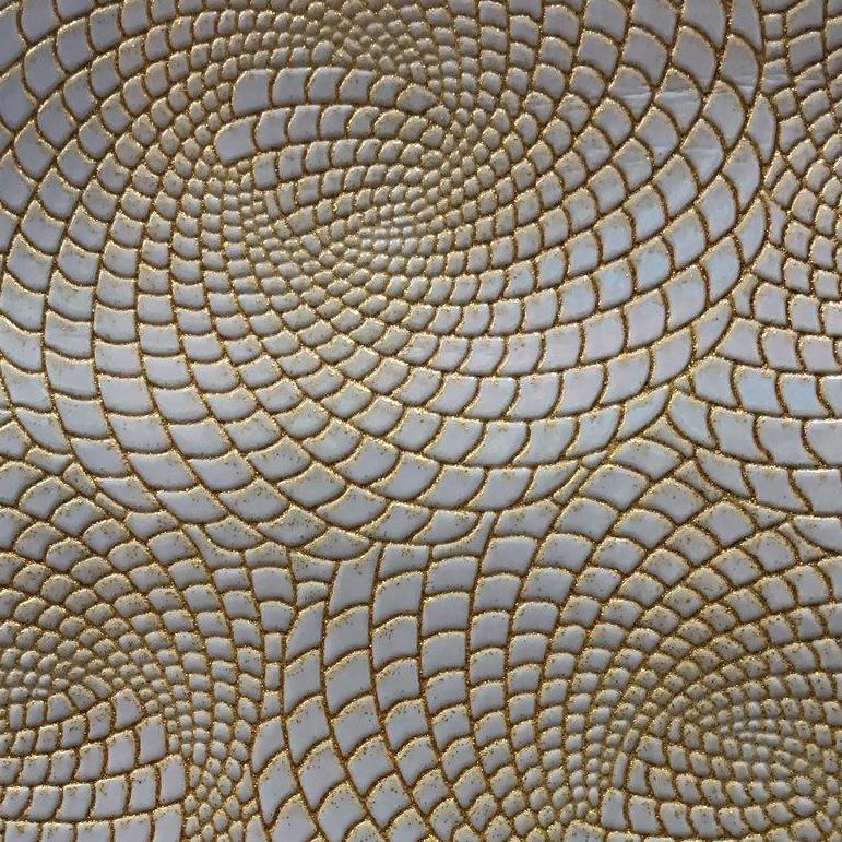 White Gold Hypnotic Spiral Sparkle PU Leather Fabric,