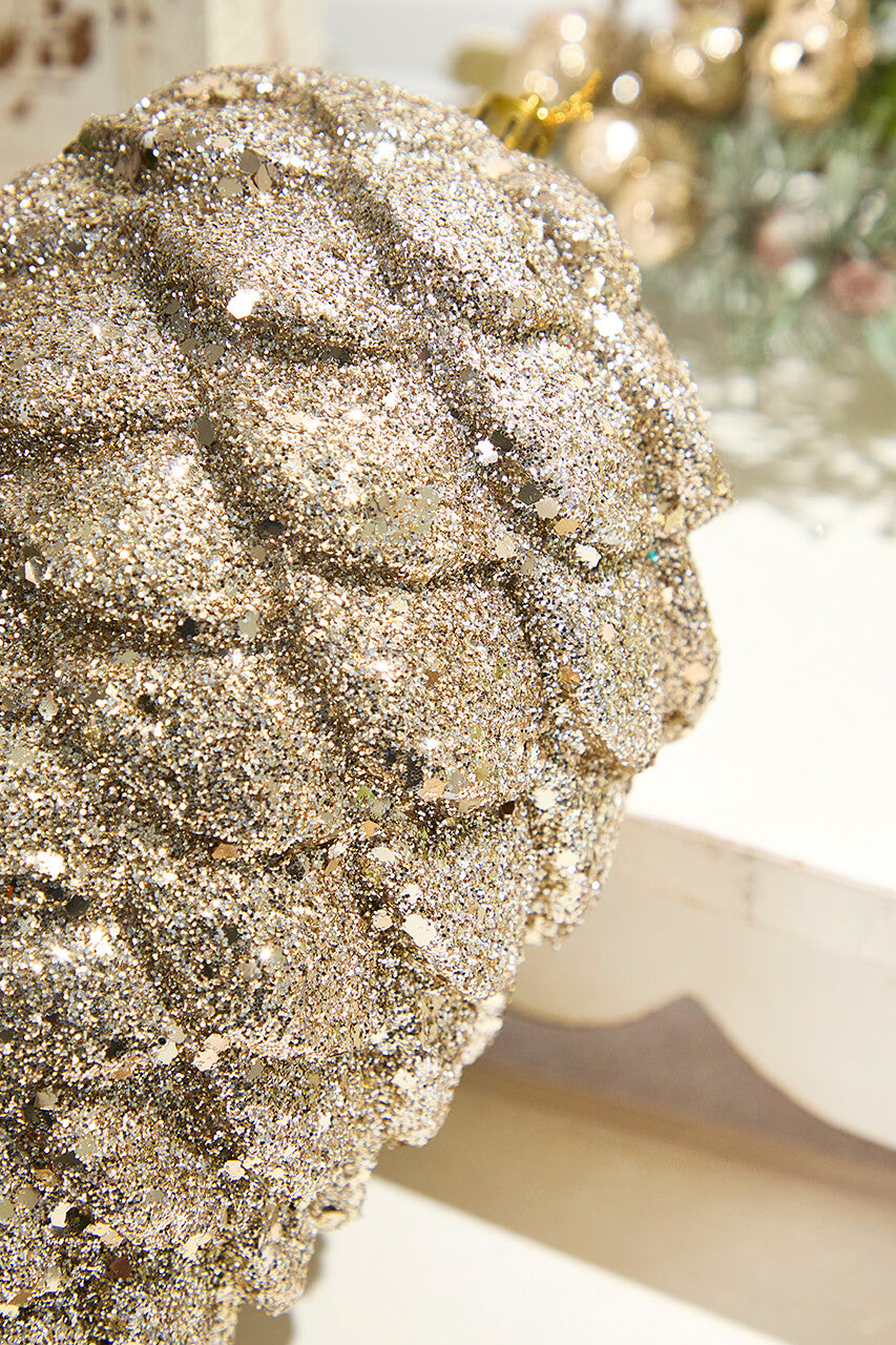 9" Glitter Pinecone with Hanger - Champagne