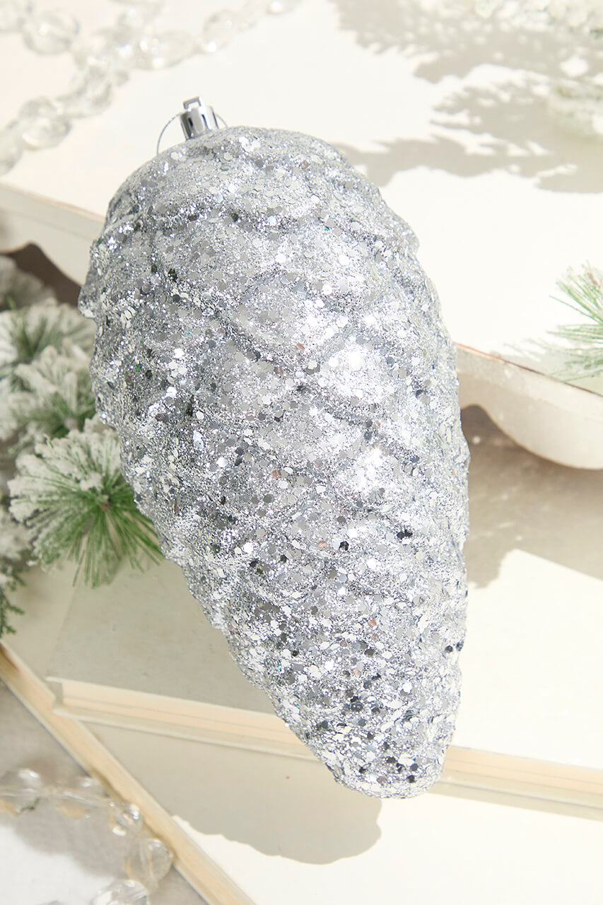 9" Glitter Pinecone with Hanger - Silver