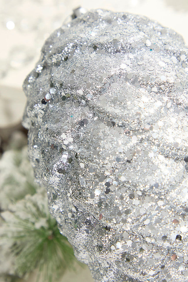 Silver Glitter Pine Cone Ornament 9 Inch Hanging Christmas Decor