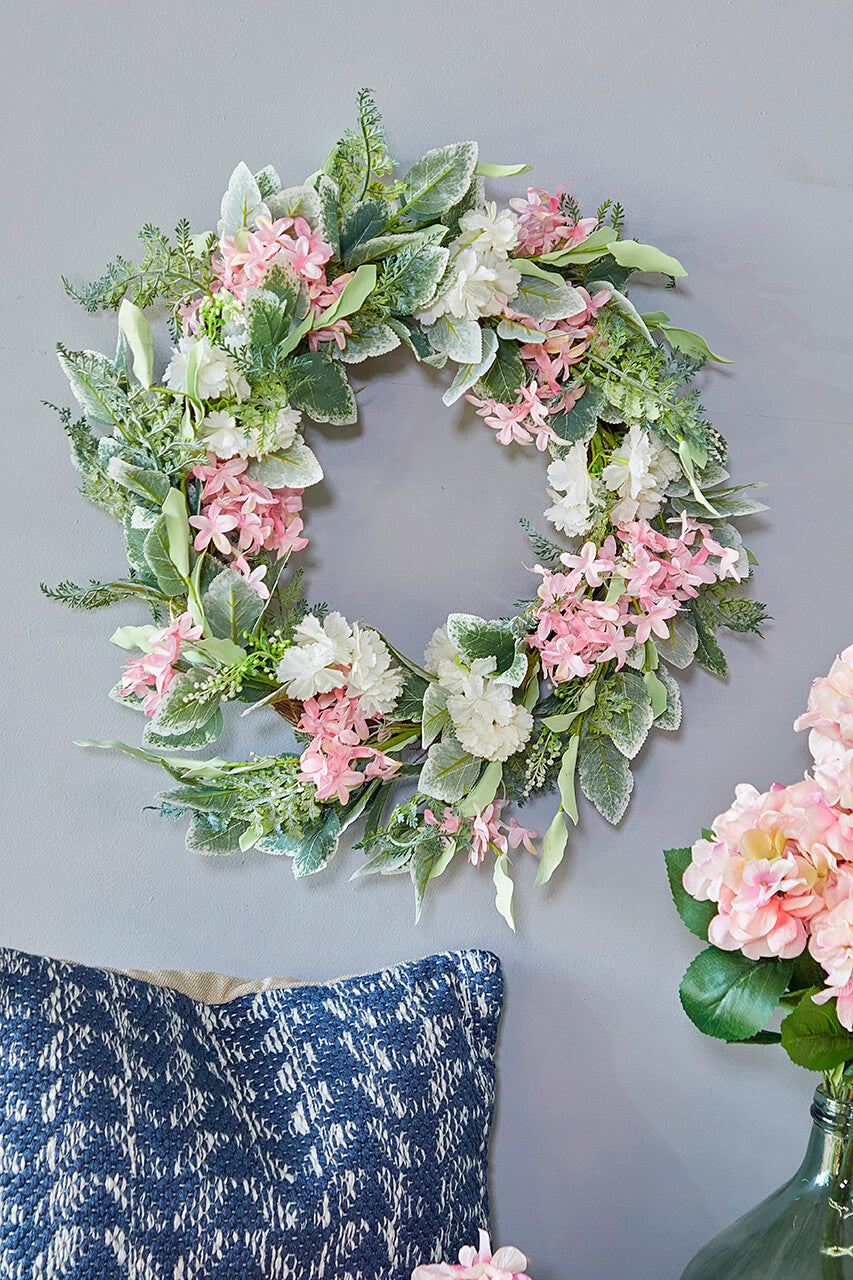 24" Mixed Flower Wreath - Pink, White & Green